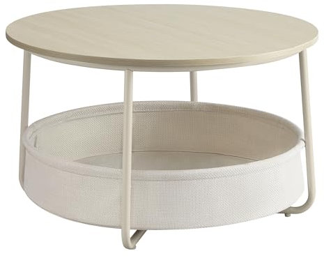 VASAGLE Couchtisch rund, Tisch mit Stauraum, Beistelltisch, Wohnzimmertisch mit Korb aus Stoff, modern, Metallrahmen, naturbeige-cremeweiß LCT244K01