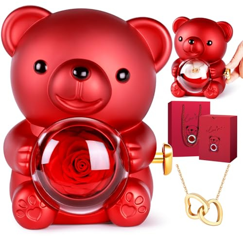 goldmiky Ewige Rosen Bär Geschenkbox, Rosenbox Bär, Rosen Bär Konservierte Blumen, Geschenke für Mutter,für Damen, Weihnachten, Valentinstag, Geburtstag (Rot)
