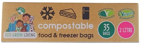 Eco Green Living 2L Food & Freezer Bags, Eco Friendly, BPA Free 100% Certified Compostable Freezer Bags, Plant- Based, Biodegradable Food Storage Bag for Vegetables, Fruits, Meats, Sandwich 35 Bags