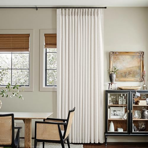 Natural Pinch Pleated Thick Linen Curtains 70 Inches Wide 2 Panels Set, Light Filtering Pinch Pleated Curtains Drapes with Hooks for Sliding Patio Door, Heavy-Weight Faux Linen Memory Trained Curtain