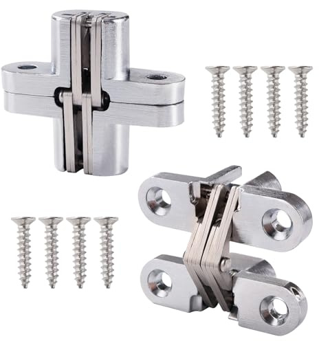 VooGenzek 2 Pezzi 43.7mm Cerniere Invisibile a Croce, Cerniera Nascoste Invisibili a 180 Gradi, Cerniere Nascoste per Porta in Lega di Zinco, con 8 Pezzi Viti, per Mobili Hardware, Argento