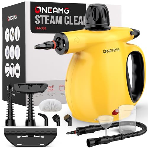 OneAmg Pressurized Handheld Steam Cleaner -1050W Powerful Steamer for Grout, Oven Grease & Bathroom Mold with 10 Attachments | 3-Min Heat-Up, 15oz (450mL) Tank | 221°F Heating Temperature, Safety Lock