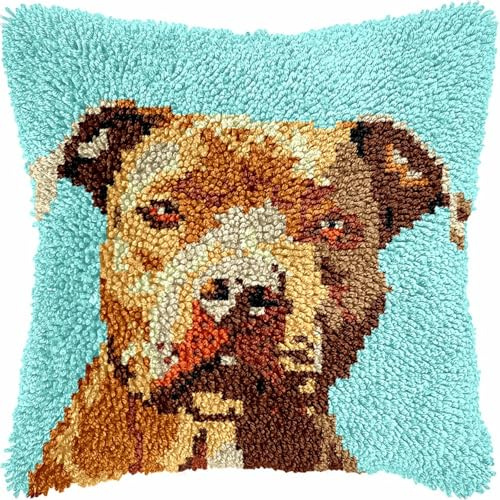 KnüpfKissen Set Erwachsene Kinder mit vordruck Hund Pitbull Süßer Welpe Türkis knüpfteppich zum selber knüpfen Kissenbezug Anfänger DIY Handarbeit Stickerei Sets Handgemachtes Handwerk Sofa Wohnkultur