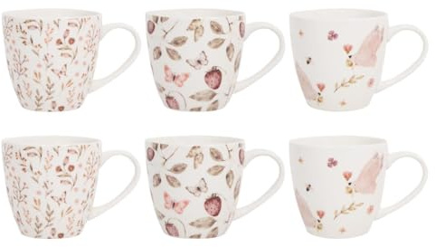 YöL Set of 6 Floral Strawberry Mugs, Bees Butterflies Design - 11 Ounce 340ml Tea Coffee Cups Latte Cappuccino Hot Chocolate Drinks - Home Kitchen Work Office Mug Set -New Bone China