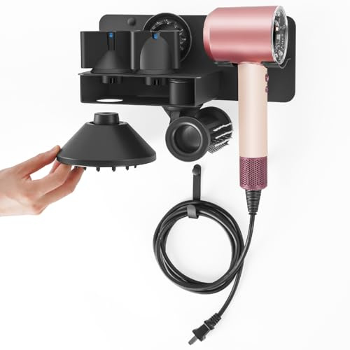 MidingChai Hair Dryer Holder, Hairdryer Holder Wall Mounted for Dyson, Hair Dryer Holder Compatible with Dyson Supersonic Nural, Metal Hair Dryer Stand with Plug Cord Hook and Nozzle Storage