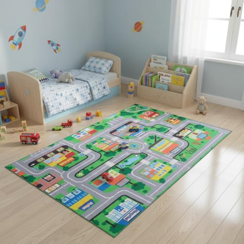 TAPISO Joy Kinderteppich Straßenteppich Straße| Spielteppich Auto für Kinderzimmer, Kinder Jungen | Autoteppich Grau rutschfest, Pflegeleicht, Lernteppich, Pädagogisch 160 x 230 cm