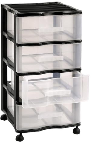 Cajonera plastica con 4 cajones y ruedas Carro de oficina, Peluqueria, hogar, escuela, Gavetas de Almacenamiento Extraibles, Organizador (Negro 4 Cajones)