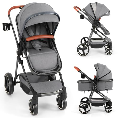 COSTWAY Baby Pushchair, Foldable Travel System Pram with Reversible Seat, Adjustable Canopy & Backrest, Storage Basket, Cup Holder, Aluminum Structure Stroller for 0-36 Months (Grey)