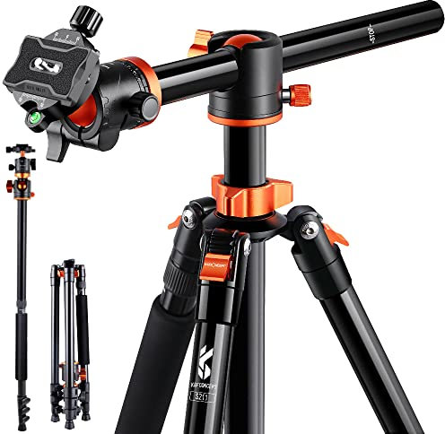 Camera Tripod, K&F Concept 72 Aluminium Overhead Tripod with Monopod, Horizontal Arm Rotatable Center Column Loading Up to 22lbs for DSLR Canon Nikon Sony T254A3+BH-28L (Old Model S211)