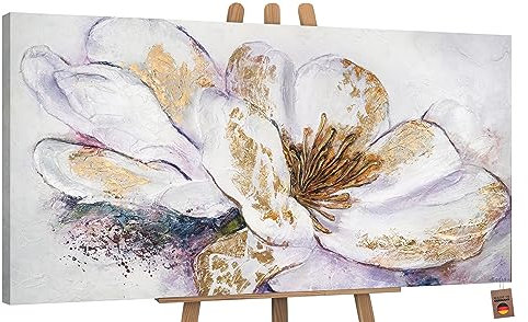 YS-Art Cuadro pintura abstracta hecho a mano Peonía dorada Pintado en acrílico una gran flor blanca y dorada 120x60 cm