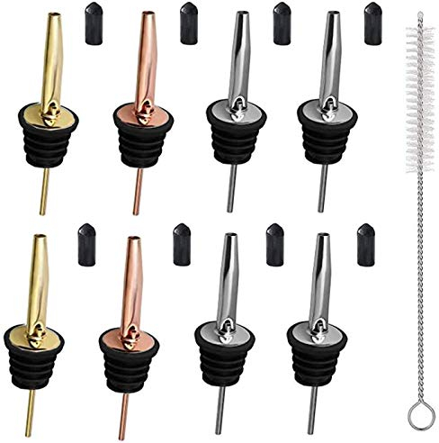 FLOW Barware Spirit Pourers | 8 Spirit Bottle Pourer with Tapered Spout, Caps & Cleaning Brush Set | Bottle Pourers for Spirits Gold, Rose Gold & Silver | Spirit Pourer, Bottle Pourer, Drinks Pourer