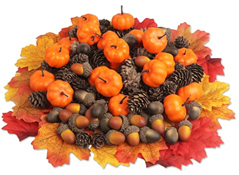 YiYa 150 PCS Thanksgiving Pine Cones Decoration with Mini Pumpkins Artificial Acorns Maple Leaves for Autumn Festive Party Thanksgiving Home Wedding Decor