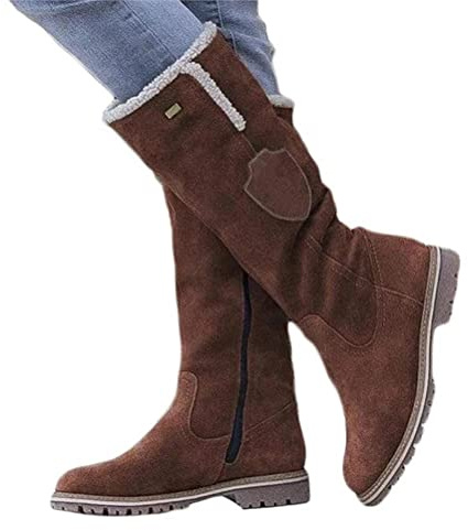 ticticlily Bottines Femme Plates Hiver Chaussure Fourrées Chaudes Longue Botte avec Zipper Daim Bottines de Neige Cheville Botte Randonnée Boots A Marron 40 EU
