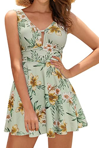 SHEKINI Donna Costume da Bagno con Gonna One Piece Bikini Imbottito Costume Intero con Coppe Soffici Ruched Skirted Swimwear con Shorts Costume Mare Sport Gonna da Spiaggia（XXL，Verde-f.）