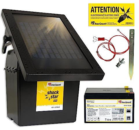 horizont Weidezaungerät Solar 9 V / 12 V - shockstar S70 inklusive 10 W Solarpanel und 12 Ah Akku - für Zaunlängen bis zu 12 km, 11.500 V maximale Spannung - mit 3 stufiger LED-Anzeige
