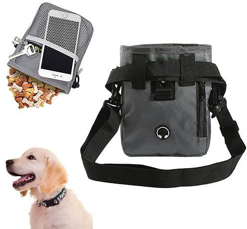 Helweet Sac de Dressage pour Chien, Sac à Friandises pour Chien, Pochette à Friandise Chien, Dog Treat Pouch with Zipper, pour Transporter de La Nourriture, Trois Façons de Porter, Gris