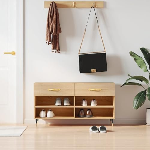 Homgoday Schuhbank Sonoma-Eiche Holzwerkstoff Eisen 102x35x55 cm Industriell mit 2 Schubladen und 4 Fächern - Stauraum für Schuhe und kleine Gegenstände Model829719