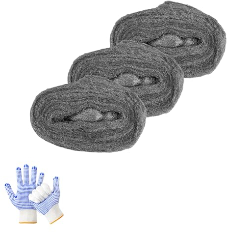 Steel Wire Wool, 3-Pack 0000 Grade Rodent Control Kit with Gloves for Blocking Gaps, Sealing, Cleaning, and Polishing DIY Projects