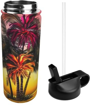 GFLFMXZW Bouteille d'eau isotherme avec couvercle à paille - En acier inoxydable - Fleur tropicale - Palmier - Bouteille d'eau de sport isotherme sous vide pour le sport - Cantine métallique