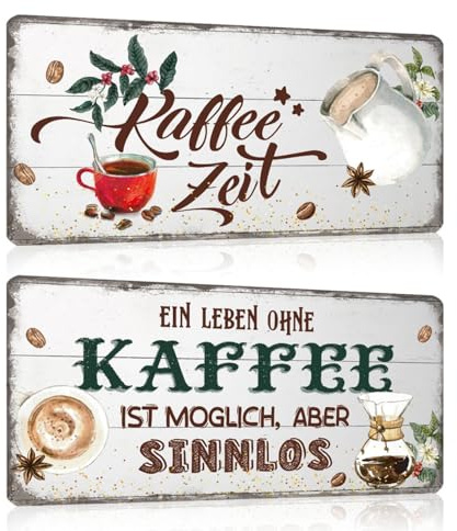2er Set Kaffee Schilder 15x30cm - Retro Blechschild Coffee Bar mit Spruch Lustig - KAFFEE ZEIT- EIN LEBEN OHNE KAFFEE IST MÖGLICH, ABER SINNLOS - Cafe Poster Wanddeko Geschenk für Küche Kaffeehaus