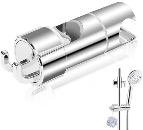 Universal Handbrause Halterung, 360°Drehbar Brausehalter mit 2 Haken, Verstellbar Duschhalterung für Slide Bar 16-27 mm Außen Durchmesser, Verchromt + ABS Grade Kunststoff
