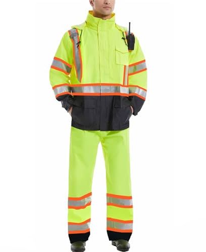 SKSAFETY Hi Vis Rain Suits for Men Waterproof, High Vis Work Rain Jacket Class 3 Heavy Duty Construction High Visibility Waterproof Lightweight Rain Gear with Pants