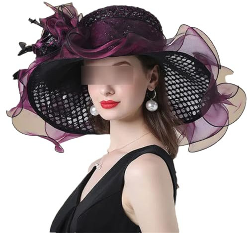 Suwequest Organza-Hut für Damen, elegant, große breite Krempe, Fedora-Hüte, Party, formelle Kirche, Damenhut, Violett-roter Sonnenhut, M(56-58 cm)