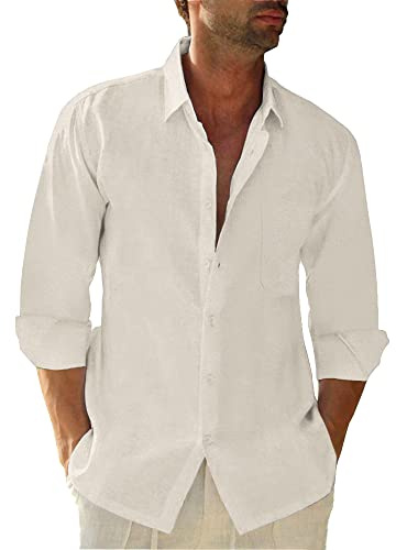 Friptspyg linneskjorta herr långärmad bomull linne skjorta herr fritidsskjorta casual normal passform sommarskjorta med ficka, Beige, M