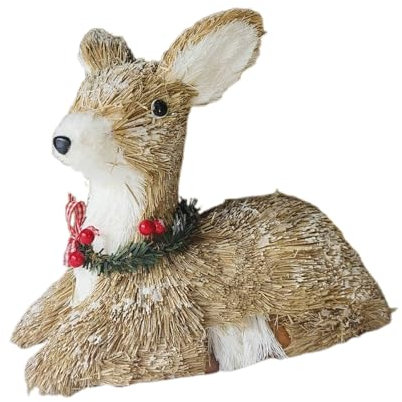 Mokylor 9,8 Zoll Sisal-Rentier-Weihnachtsfiguren-Dekoration, Niedliche Liegende Rentier-Figuren mit Tannenzapfen-Girlande, Tiere, Rentier-Figur für Urlaub, Winter, Kaminsims, (A)