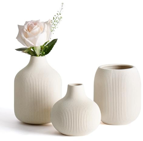 Dnnnii Set di 3 vasi moderni in ceramica beige di Rib Texture, perfetti per decorazioni per la casa neutre e di transizione, collezione di vasi decorativi minimalisti, piccoli vasi in ceramica per un