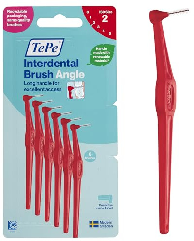 TePe Interdental Brush Angle, Red, 0.5mm/ISO 2, 6pcs, Interspace Cleaning, Plaque Remover for Teeth with Narrow Gaps, ensures Strong Gums and Teeth, Carton Pack