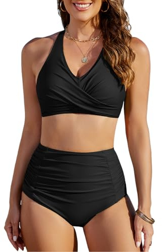 Vijamiy Costume Donna Due Pezzi Vita Alta Controllo Addominale Sexy Scollo a V Push Up Bikini Donna Mare Motivo Floreale Costume Bagno Donna Curvy Spiaggia e Piscina(Nero,M)