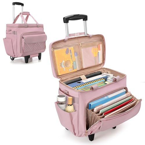 LUXJA Rollende Lehrertasche mit Laptopfach und abnehmbarem Dolly, multifunktionale Rollaktentasche mit Akkordeon-Aktenbereich (zum Patent angemeldet), Pink, 16 x 8 x 13.5