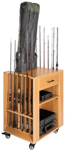 Tackley Angelschrank zur Aufbewahrung von Angelausrüstung, 65x50x84,5 cm, Farbe Kiefer, Halter für 12 Angelruten, optionale Halter für bis zu 8 Angelrollen, Schubladen und Fächer für Angelzubehör