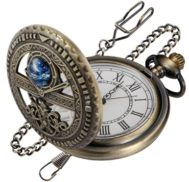 Realpoo Bronze Hollowed Out Moon Phase Quartz Men's Pocket Watch, Roman Numeral White Dial Pocket Watch with Chain