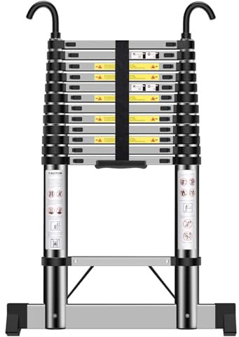 Teleskopleiter 3,8m, Handliche Leiter mit Haken und Stabilisatoren, Höhenverstellbar, für die Tägliche Pflege, Garten, Wohnwagen usw.