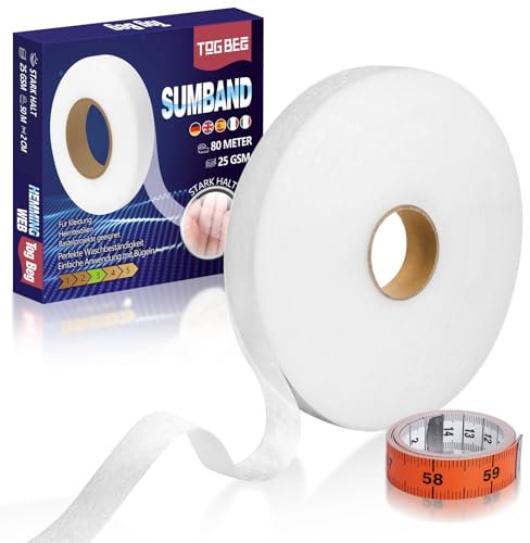 TOG BEG Saumband 80m x 2cm - inkl. 1,5m Maßband - Extra Langes Stoffband zum Bügeln, Waschfest, Nähfrei, Praktisch verpackt mit Maßband – Textilband für Kleidung, Textilien, Hosen Kürzen, DIY