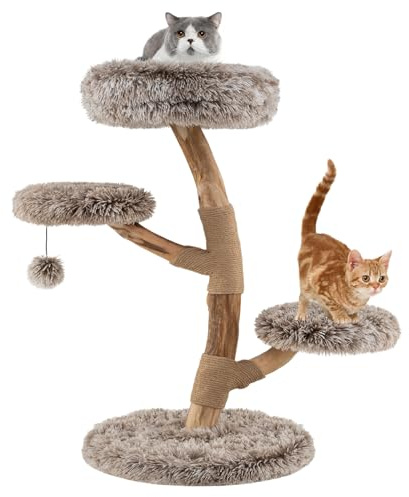 GYMAX Árbol Moderno para Gatos, Mueble Boho para Gatos con Troncos de Madera de Peral, Postes Rascadores, Suave Tejido de Peluche, Bola Colgante, Kit Antivuelco, Torre de Madera para Gatitos (Beige)
