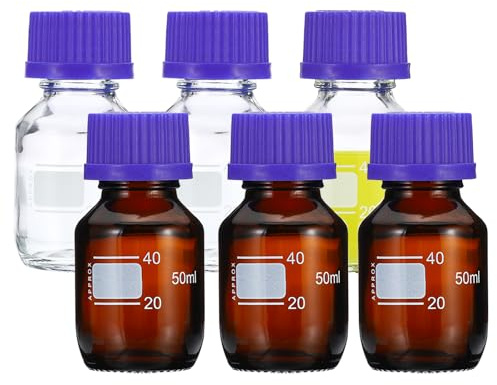 PATIKIL 8 Stück Weithalsflasche aus Glas, 50ml Leere Laborflasche Auslaufsicher mit GL45 hellblauer Schraubverschluss, für Labor Reagenz Medien Flaschen - 4*Klar/4*Braun