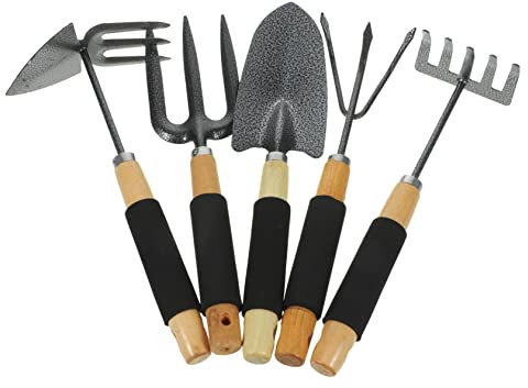 TOYANDONA Ensemble D'outils de Jardinage 5 Pièces Portables pour Jardin et Extérieur, Pelle et Râteau Multifonction, Manche en Bois Léger et Compact, Accessoires de Jardinage Pratique