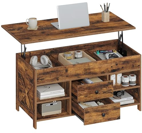 Hzuaneri Couchtisch, höhenverstellbarer Wohnzimmertisch, Sofatisch, 2 Schubladen und Versteckter Stauraum, 50 x 100 x 47,3-61,3 cm, für Wohnzimmer, Esszimmer, Büro, Vintage Braun-Schwarz CT22101B