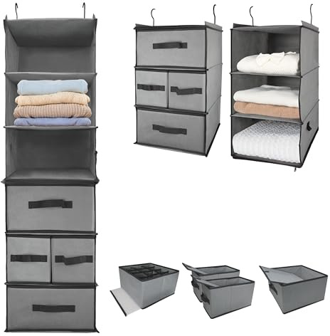2-in-1-hängender Kleiderschrankorganisator mit 4 abnehmbaren Schubladen & 2 trennbaren hängenden Regalen Kleidungsaufbewahrungsorganisation,Platzsparende für Schrank,Schlafzimmer,Badezimmer,Schlafsaal