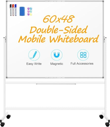 TOPDEEP Doppelseitiges Mobiles Whiteboard, 120X150CM Magnetische Whiteboard mit Aluminiumrahmen Ständer und Rädern für Büro, Zuhause und Klassenzimmer