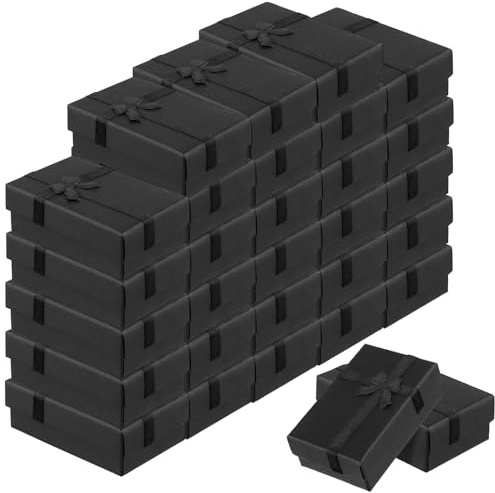 CHUEHKAK 30 Stück Geschenkboxen Schwarz, 8x5x3cm Schmuckschatulle mit Deckel und Schleife, Kleine Schmuckbox für Ringe, Ohrringe, Halsketten, Armbänder