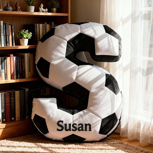 Drawelry Personalized Sports Pillow, Custom Letter Shape Plush Cushion with Name, Basketball Baseball Christmas Birthday Gift for Sports Fan Gift Player Coach Soft Throw Pillow (Soccer)