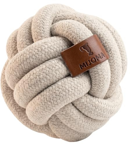 MIJOMA Juguete para perros con cuerda de nudos de 10 cm, de poliéster resistente con etiqueta de cuero, juguete masticable resistente para perros, cuidado dental y diversión en uno