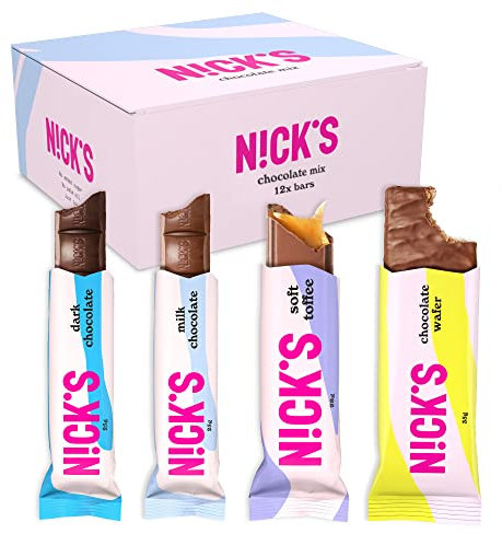 NICKS Schokolade Keto Riegel Chocolate Mix box mit Schokoriegel ohne Zuckerzusatz, Glutenfrei, Low carb Süßigkeiten Palmölfrei (Probierpaket mit 12 Snacks bars)