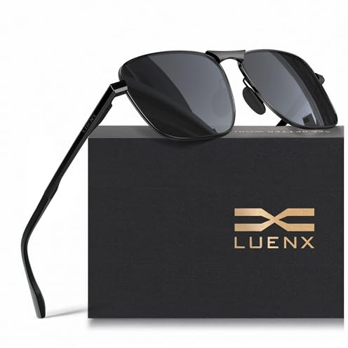 LUENX Rectangular Polarized Aviator Sunglasses for Men Square Retro Shades Driving UV400 Protection - Black Lens Black Frame 59mm