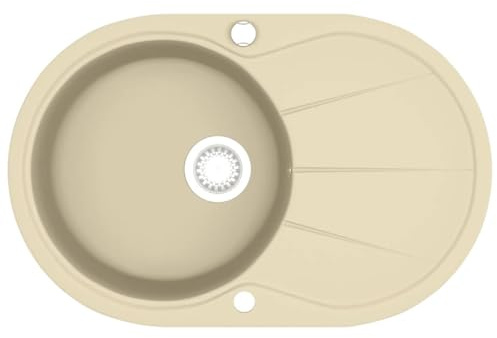 vidaXL Evier de Cuisine Seul Lavabo Ovale Egouttoir Encastré Réversible avec Trou de Montage pour Robinet et Distributeur de Savon Intérieur Maison Granit Beige
