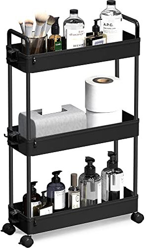 SOLEJAZZ Rollwagen, Küchenwagen mit 3 Ebenen, Schmale Rollwagen Nischenregal auf Rollen für Küche, Bad, Waschküche, Schlafzimmer, schmale Plätze, Kunststoff,mit Griffen, 13 x 40 x 61 cm,Schwarz